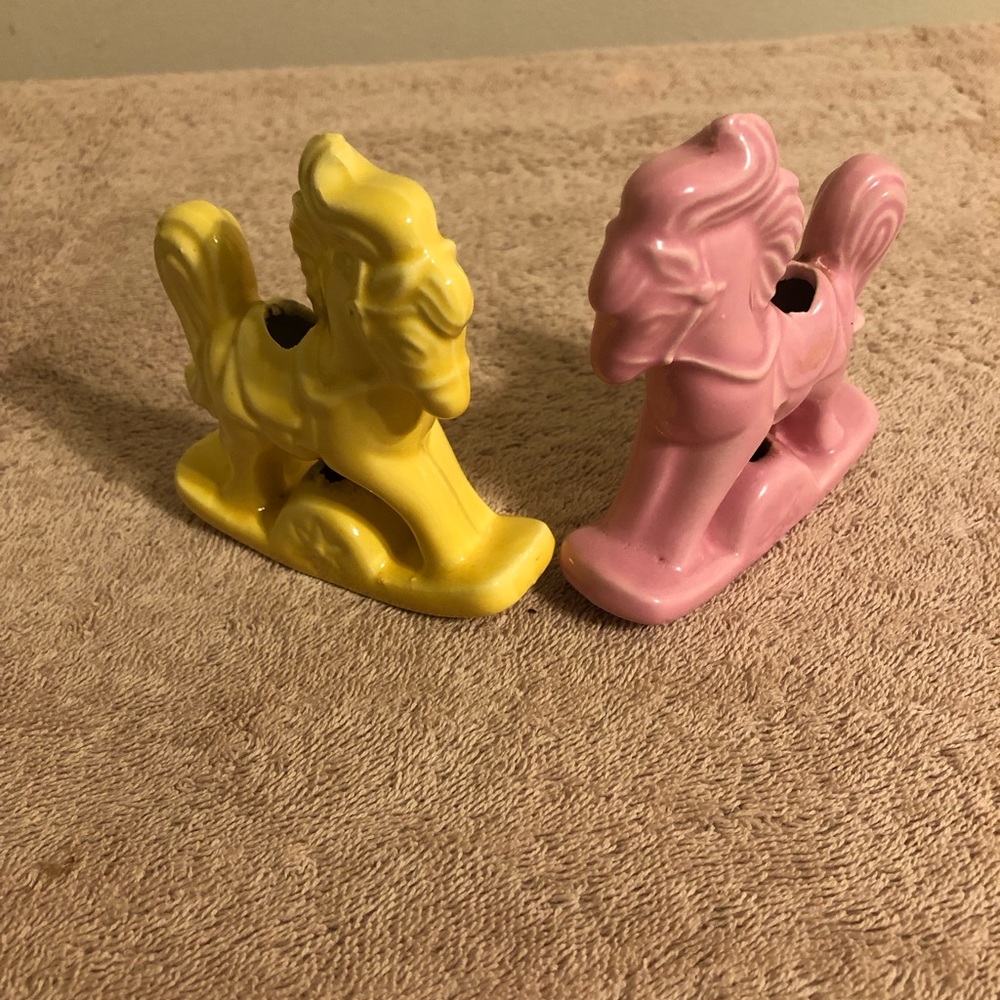 Lot of 2 Pastel Porcelain Rocking Horses Figurines 4” Tall
